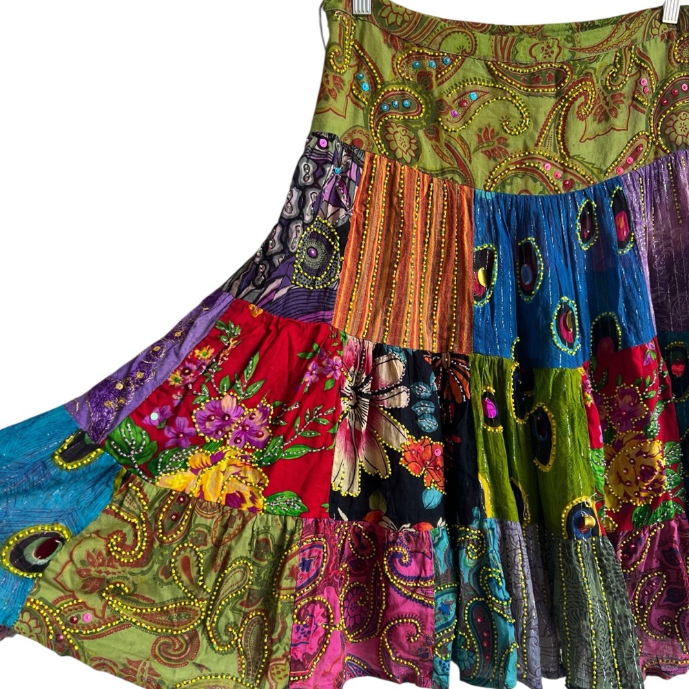 Heaven Art Beaded Patchwork Indian Cotton Boho Skirt